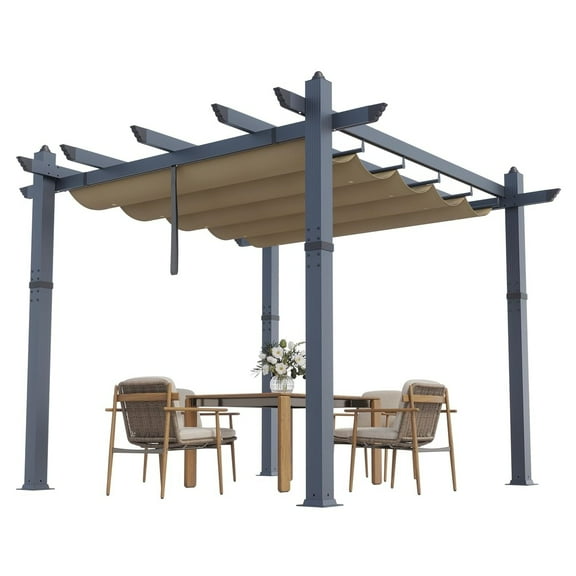 WildBreak Outdoor Pergola 10 x 10 Feet, Reinforced Frame, with Adjustable Canopy, Gray & Khaki
