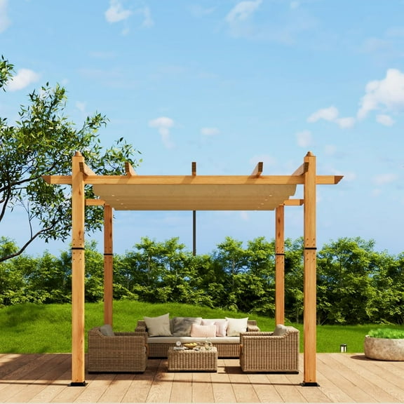 WildBreak Outdoor Pergola 10 x10 Feet, Wood Grain Metal, with Retractable Canopy, Khaki