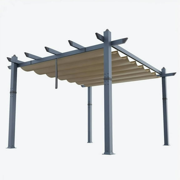 WildBreak Outdoor Pergola 10 x13 Feet, Wood Grain Metal, with Retractable Canopy, Gray & Khaki