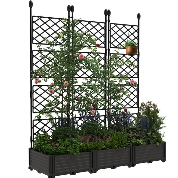 Riedhoff Planter Boxes Set with Trellises, 3 Planter Boxes & Trellis Screen, 48.8 x 16.2 x 62.99", Black