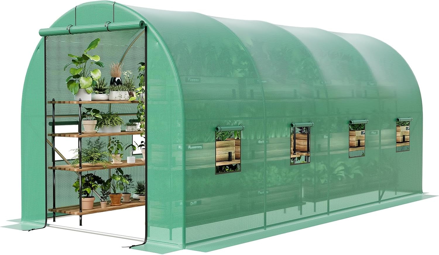 WildBreak Walk-in Greenhouse 14.76 x 6.56 x 6.56 ft, with Roll-Up Zippered Doors & 8 Mesh Windows
