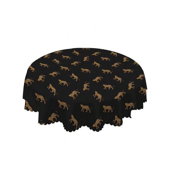 WildLeopard Round Tablecloth 60 Inch Gold Leopard Print Black Polyester Table Cover For Home Decor Parties Picnic