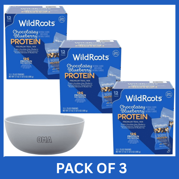 WildRoots Chocolatey Blueberry Protein Single Serve Trail Mix, 1.75 oz., 12 pk. Pack of 3 with Serving Bowl by OMA