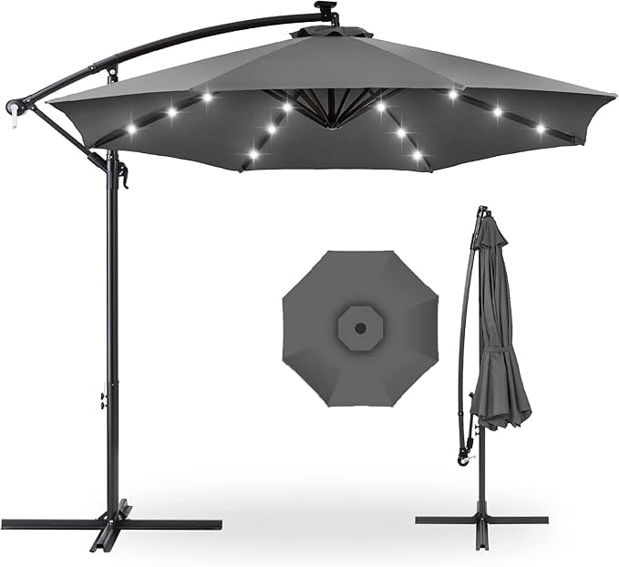 Wildbreak 10 ft Offset Hanging Market Patio Umbrella, with Solar LED, Easy Tilt Adjustment, Gray