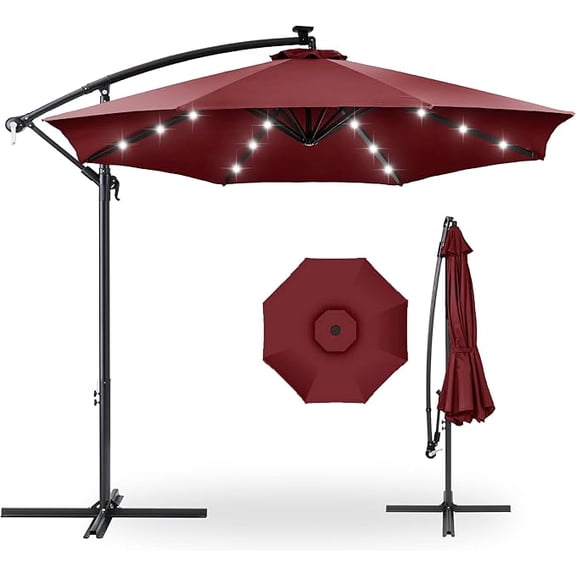 Wildbreak 10 ft Offset Hanging Market Patio Umbrella, with Solar LED, Easy Tilt Adjustment, Red