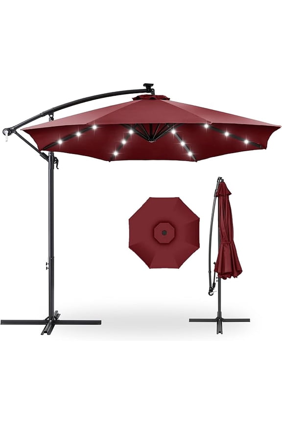 10 ft Offset Hanging Market Patio Umbrella, with Solar LED, Easy Tilt Adjustment, Red