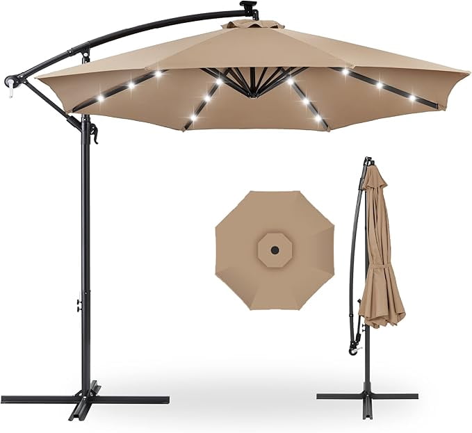 Wildbreak 10 ft Offset Hanging Market Patio Umbrella, with Solar LED, Easy Tilt Adjustment, Tan