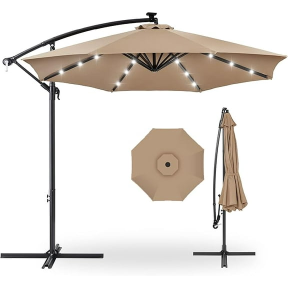 Wildbreak 10 ft Offset Hanging Market Patio Umbrella, with Solar LED, Easy Tilt Adjustment, Tan