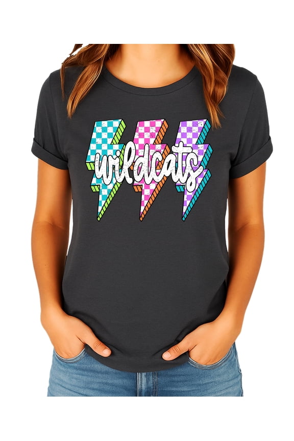 Wildcats Lightning Bolt Team Pride Shirt for Women & Teens Trendy School Spirit Tee Dark Gray Heather Shirt Adult X-Large