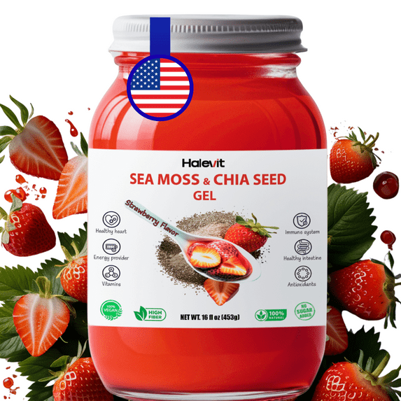 Halevit Wildcrafted Irish Sea Moss Gel | Sea Moss, Chia Seeds, Strawberry | 16 Oz | Made in USA