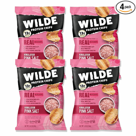 Wilde Protein Chips Himalayan Pink Salt 1.34oz Bags Thin and Crispy, High Protein, Keto Friendly, Made with Real Ingredients, (4 Pack)