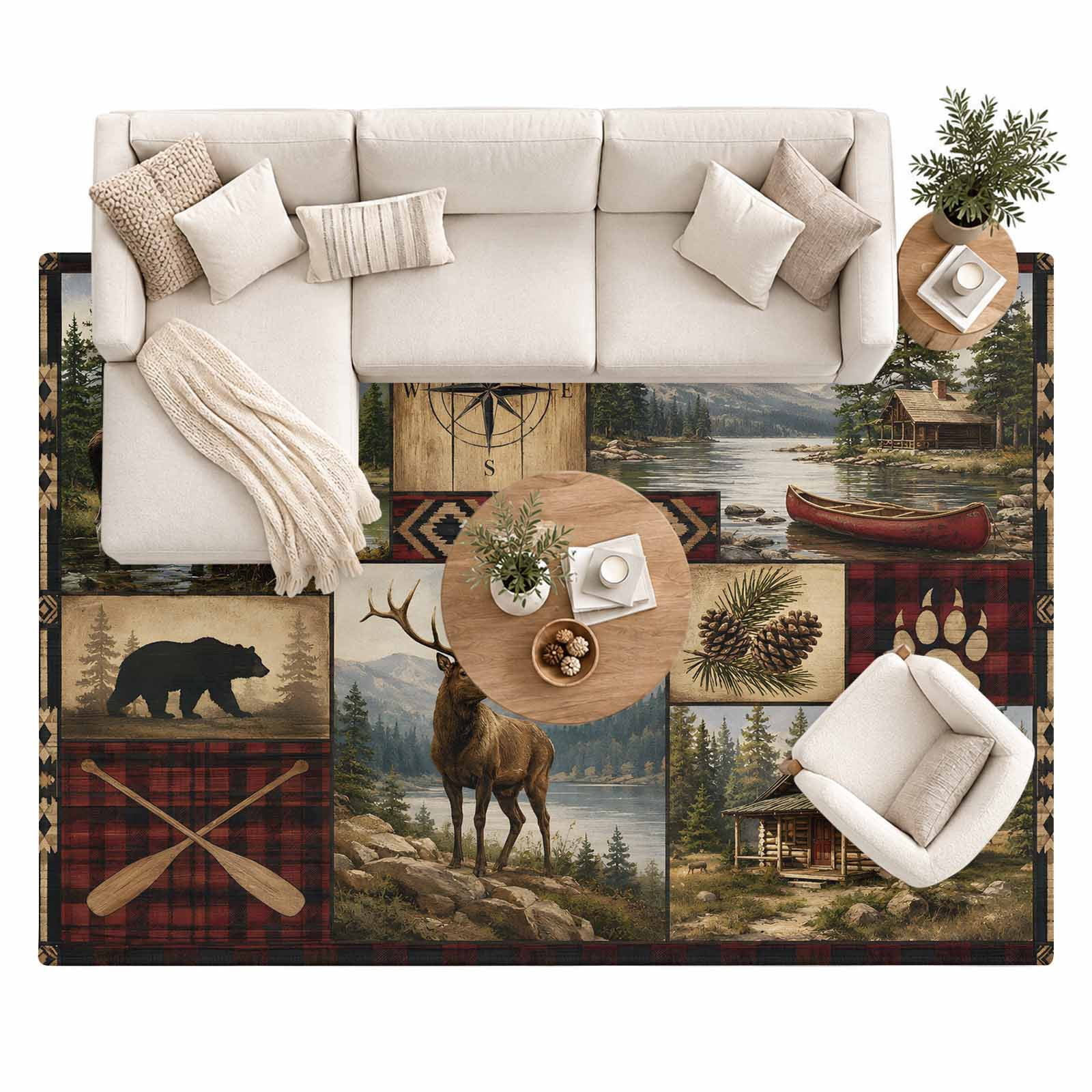 Wilderness Area Rug 8'x10', Rustic Brown Patchwork Cabin Wildlife Bear ...
