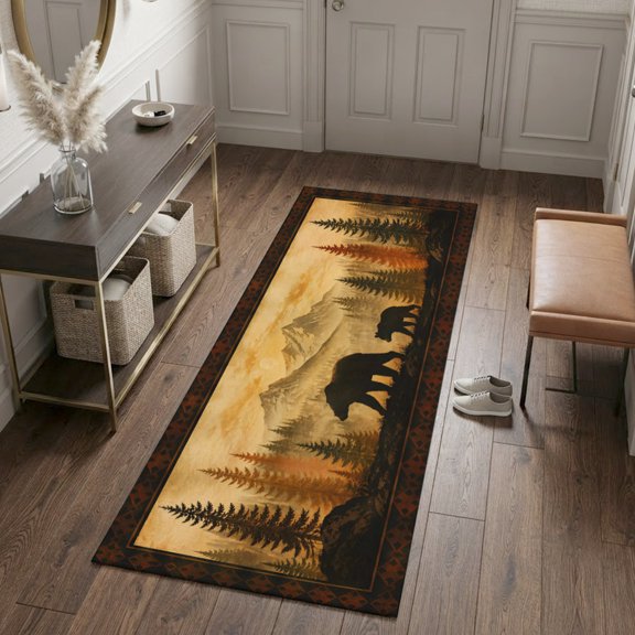Wilderness Bear Silhouette Rectangle Area Rug 2x6ft,Living Room Rug Non-Slip Washable Rugs Pad,Pine Tree Mountain Sun Soft Floor Carpet for Bedroom Dining Room