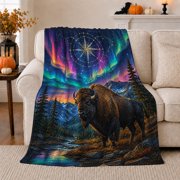 Wilderness Bison Under Northern Lights, Peaceful Mountain Lake Scene, Warm Flannel Blanket for Cabin and Lodge with Detailed Artwork, Outdoor Lovers Camping Gift, Fantasy Home Decor