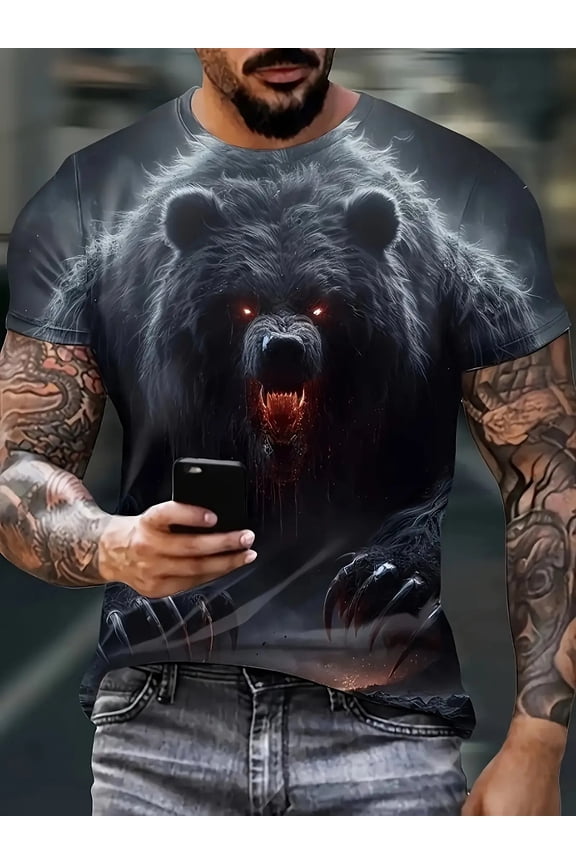 Wilderness Black Bear Men's T-Shirt | 3D Fierce Bear Head Print Short Sleeve | Large Size Breathable Polyester Fiber | Outdoor hunting style top