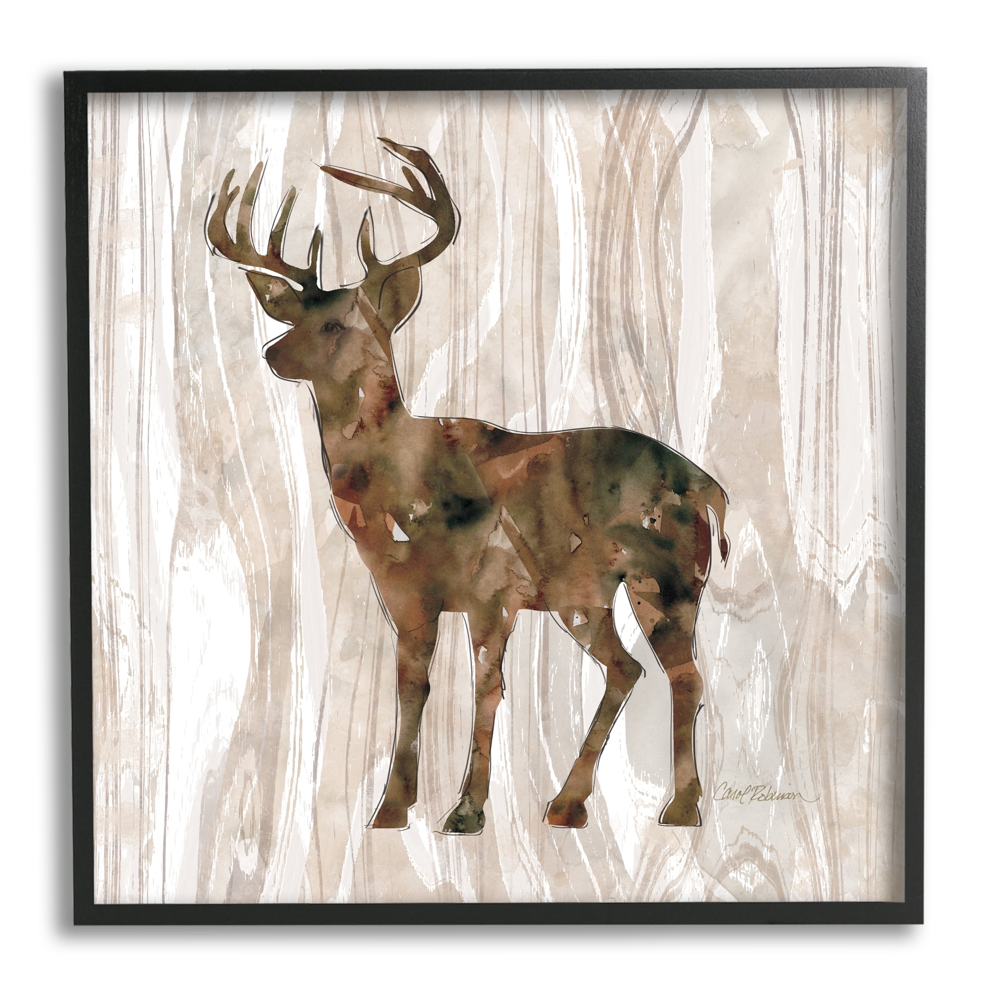 Wilderness Buck Watercolor Silhouette Rustic Grain Pattern Animals & Insects Framed Art Print Wall Art, 17x17