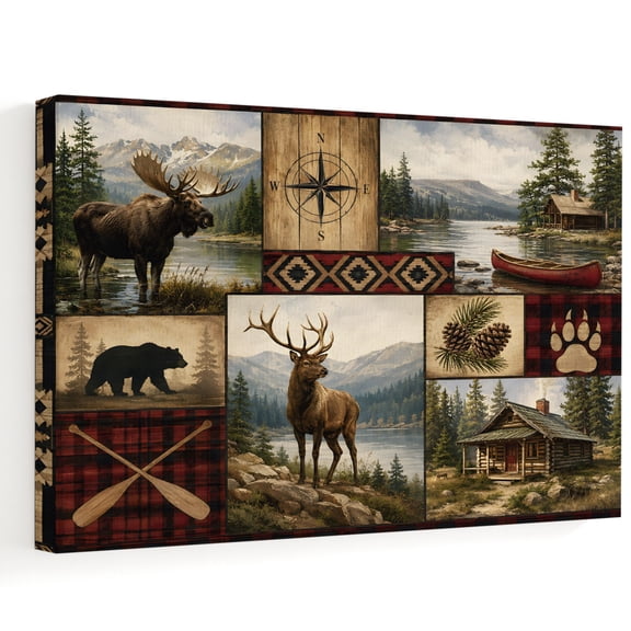 Wilderness Canvas Wall Art, Rustic Brown Patchwork Cabin Wildlife Bear Elk Pinecone Wall Art Prints Artwork Framed Canvas Ready to Hang Art Pictures for Bathroom, Dressing Table, Entryway 12" x 8"