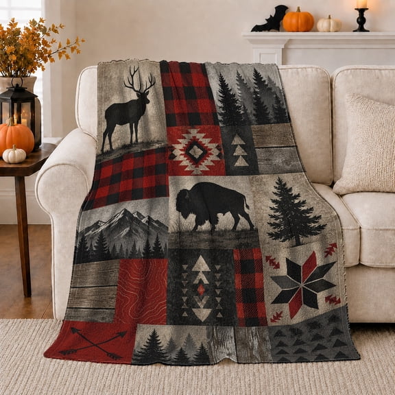 Wilderness Elk Bison Patchwork Cabin, Peaceful Mountain Lake Scene, Warm Flannel Blanket for Cabin and Lodge, Outdoor Lovers person's Day Gift, Artistic Home Decor