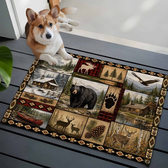 Wilderness Front Door Rugs 2x3ft Rustic Brown Patchwork Wildlife Bear Elk Eagle Cabin Washable Rug, Non Slip Indoor Carpet Absorbent Floor Mat for Living Room Bedroom Dining Room