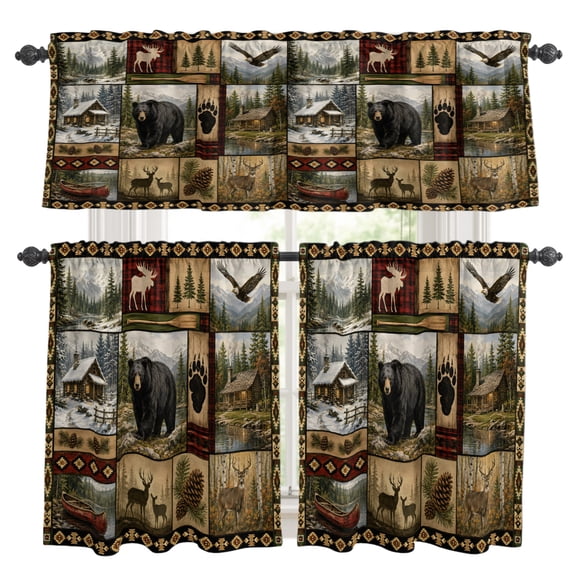Wilderness Kitchen Curtains and Valances Set, Rustic Brown Patchwork Wildlife Bear Elk Eagle Cabin 3 Piece Curtains Valances and Tiers Set Rod Pocket for Kitchen Bathroom Windows 36 Inch