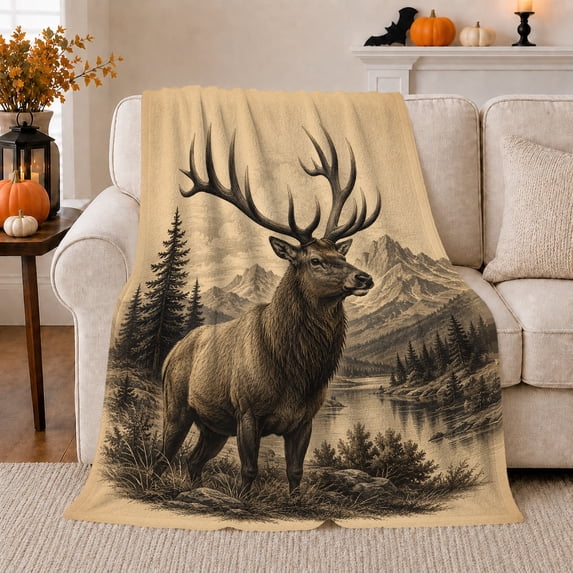 Wilderness Lake Majestic Multi-Tined Elk Illustration Vintage Engraving, Peaceful Mountain Lake Scene, Warm Flannel Blanket for Cabin and Lodge, Outdoor Lovers Camping Gift, Rustic Home Decor