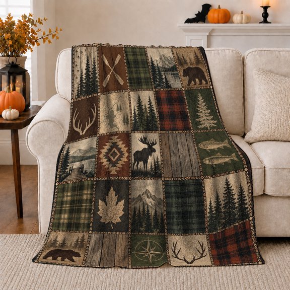 Wilderness Lodge Patchwork Grid Bear Moose, Peaceful Mountain Lake Scene, Warm Flannel Blanket for Cabin and Lodge, Outdoor Lovers Valentine's Day Gift, Festive Home Decor