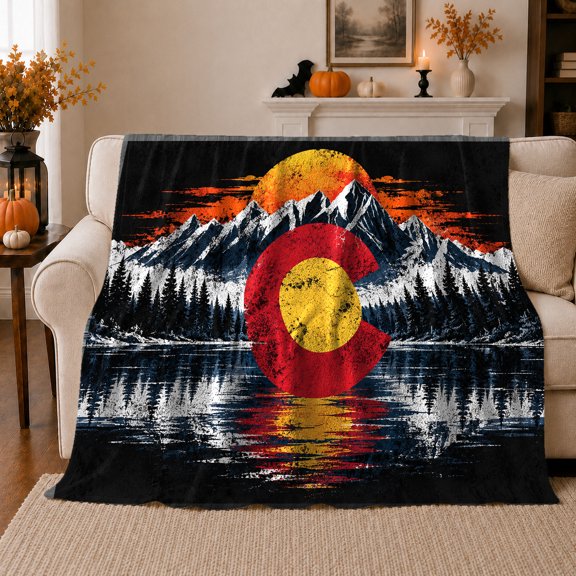 Wilderness Mountain Colorado Emblem, Peaceful Mountain Lake Scene, Warm Flannel Blanket for Cabin and Lodge, Outdoor Lovers Thanksgiving Gift, Rustic Home Decor