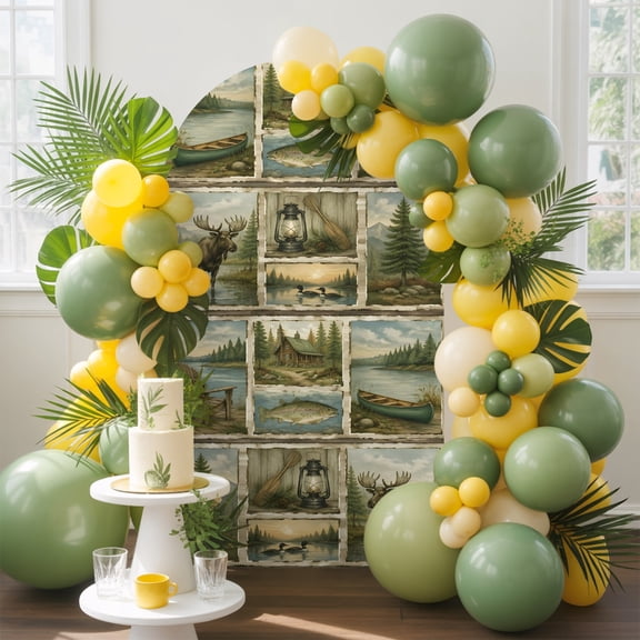 Wilderness Patchwork Arch Backdrop Cover, 4FT, Farmhouse Moose Canoe Fish Pine Cabin Lodge Spandex Arch Covers Double-Sided Backdrop for Wedding Birthday Party Photo Background Decoration