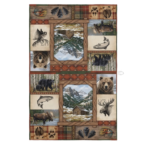 Wilderness Plaid Kitchen Towels Dish Towel Pack of 1 Country Farmhouse Bear Fish Moose Patchwork Soft Dish Cloth Set Absorbent Dishcloth for Drying Dishes, Hand Towels 18 x 28 Inches