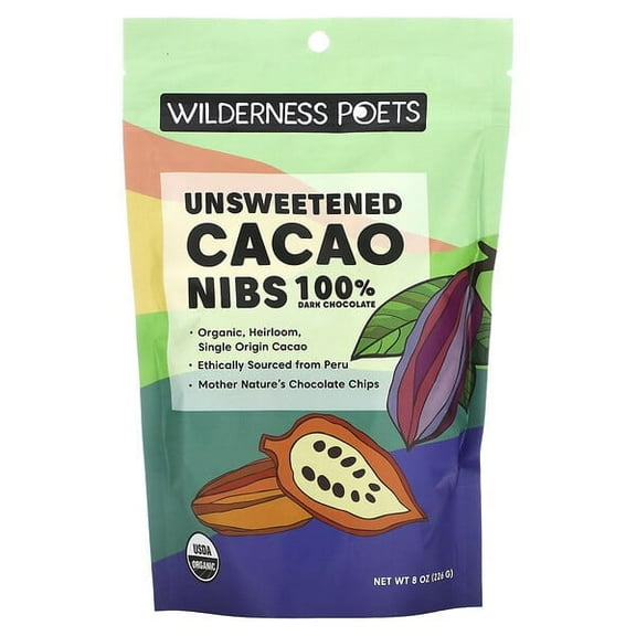 Wilderness Poets, Organic Unsweetened Cacao Nibs, Dark Chocolate, 8 oz Pack of 2