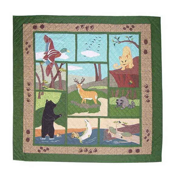 Wilderness Quilt, Hand cut and Appliqued cotton fabric motifs - Twin