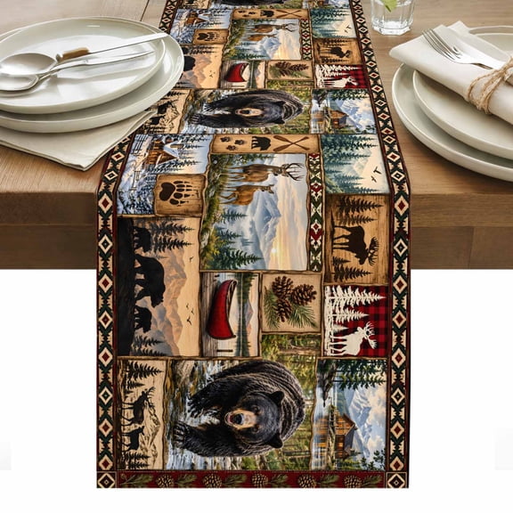 Wilderness Table Runner 13x36 Inch Rustic Brown Patchwork Wildlife Bear Elk Pinecone Cabin Cotton Linen Dining Table Runner Ideal for Dresser Kitchen Coffee Tables - Machine Washable
