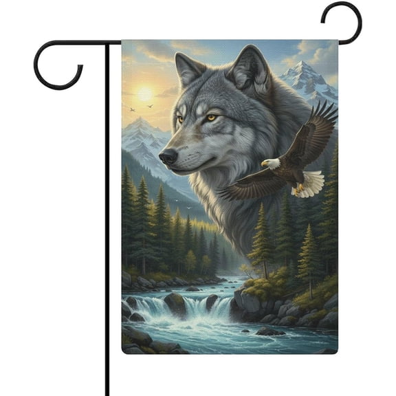 Wilderness Timber Wolf and Eagle Mountain Range Waterfall Garden Flag, Linen Outdoor Yard Decor