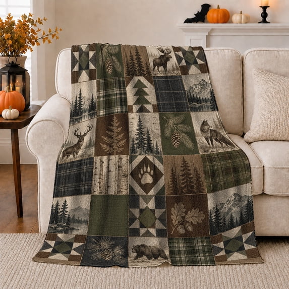 Wilderness Wildlife Moose Bear Cabin Lodge Patchwork, Peaceful Mountain Lake Scene, Warm Flannel Blanket for Cabin and Lodge, Outdoor Lovers Camping Gift, Artistic Home Decor