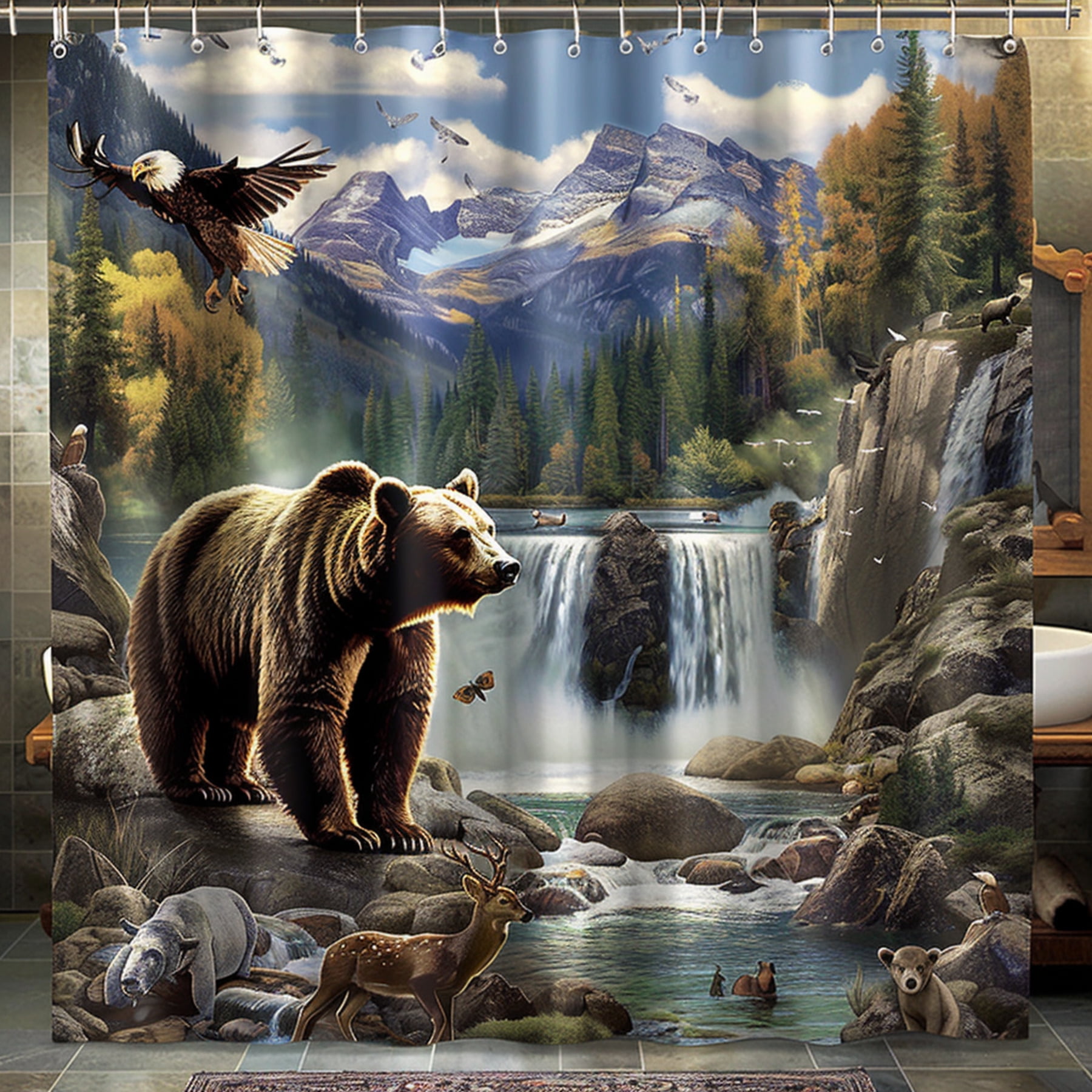 Wilderness Wildlife Shower Curtain Brown Bear Eagle Mountains