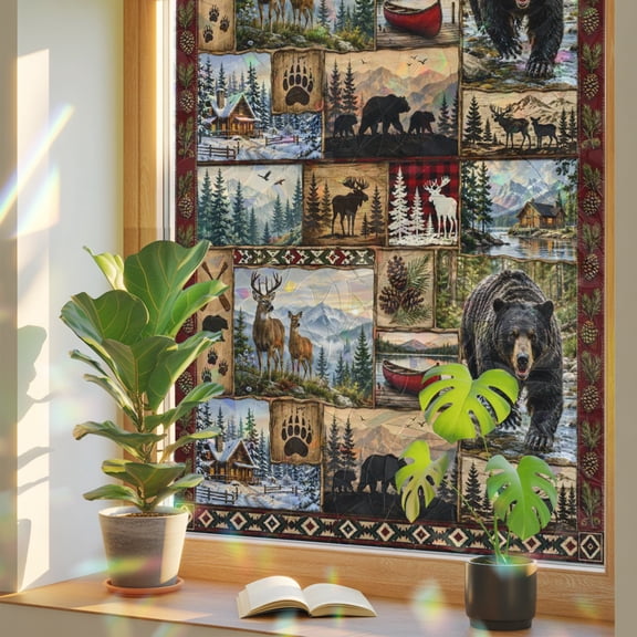 Wilderness Window Privacy Film, Rustic Brown Patchwork Wildlife Bear Elk Pinecone Cabin Static Cling Stained Glass Window Sticker Decorative Removable Rainbow Film for Glass 19.6”x39.3”