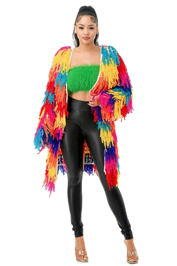Wildest Dreams Long Shaggy Knit Fringe Multicolor Cardigan Size: Small/Medium