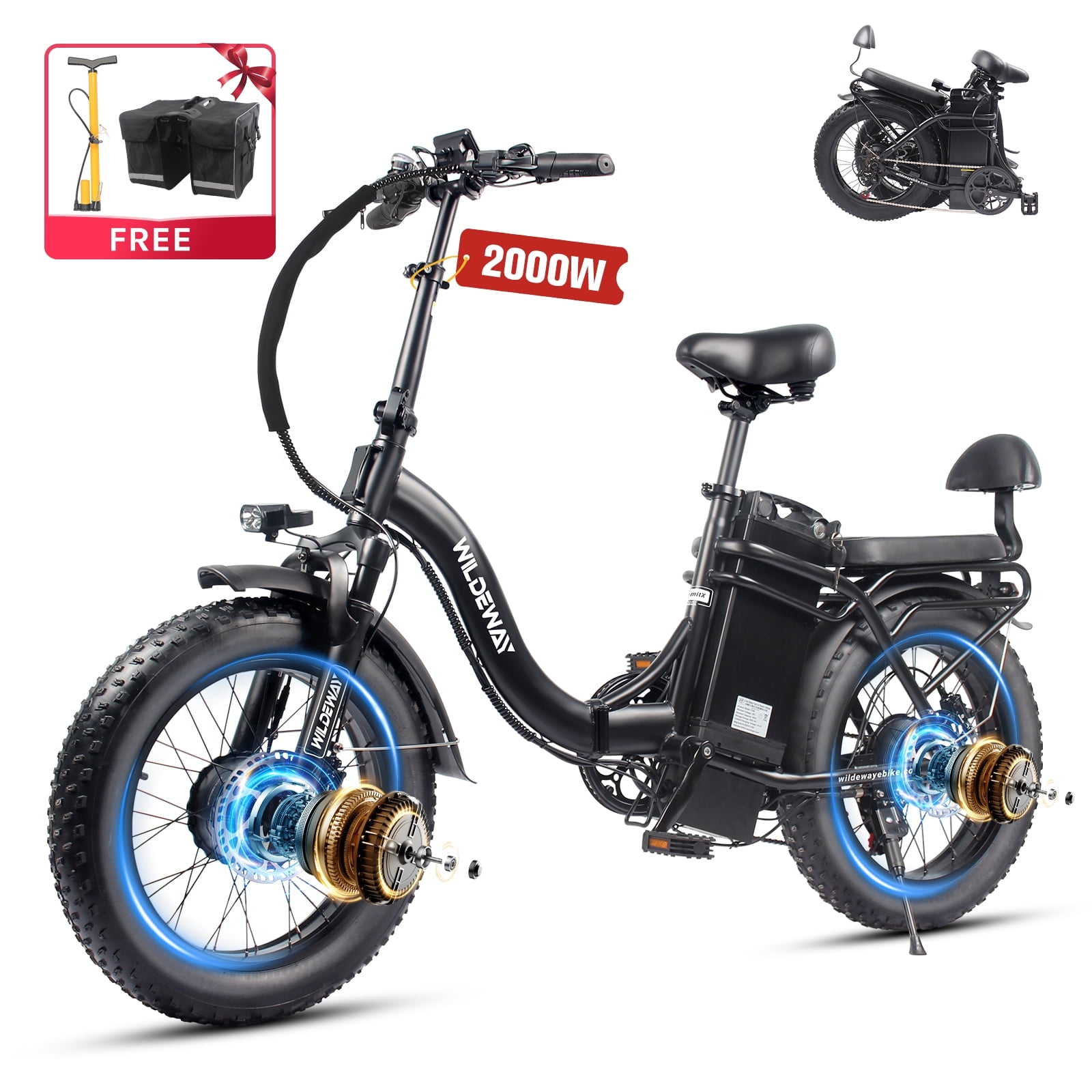 Wildeway Folding Dual Motors 2000W Mountain Bike for Adult, UL2849 48V 32AH Removable Battery Ebike 20X4"Fat Tire up to 28MPH&100 Miles Long Range Off Road Dual Hydraulic Disc Brake Electric Bicycle.