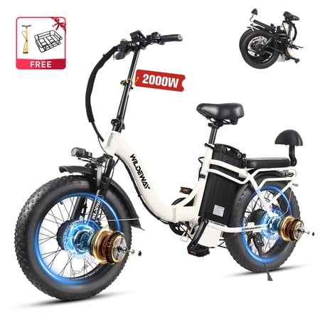 Wildeway Folding Dual Motors Electric Bike for Adult, 2000W 48V 32AH UL2849 Removable Battery Mountain bike 20*4.0 Fat Tire up to 28MPH&90Miles Long Range Ebike Off-road Dual Hydraulic&Brake Bicycle