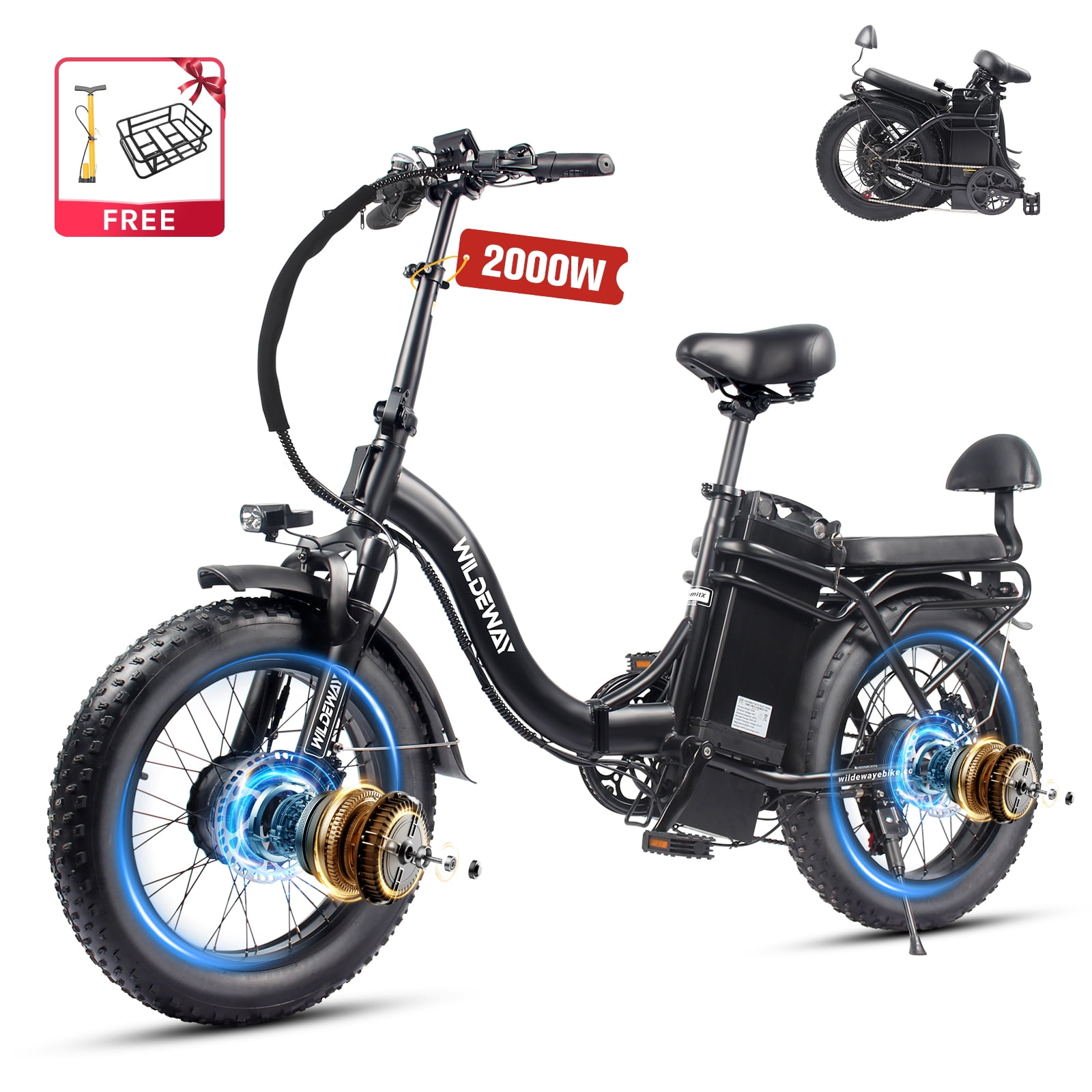 Wildeway Folding Dual Motors Electric Bike for Adult, 2000W 48V 32AH UL2849 Removable Battery Mountain bike 20*4.0 Fat Tire up to 28MPH&90Miles Long Range Ebike Off-road Dual Hydraulic&Brake Bicycle