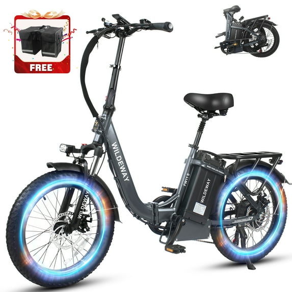 Wildeway Folding Electric Bike for Adults with 32Ah Battery Long Range 750W Motor 28MPH,20"x 3.0"Fat Tire Foldable EBike,7 Speeds, Snow Mountain Bike Beach Off-road Ebike with UL2849