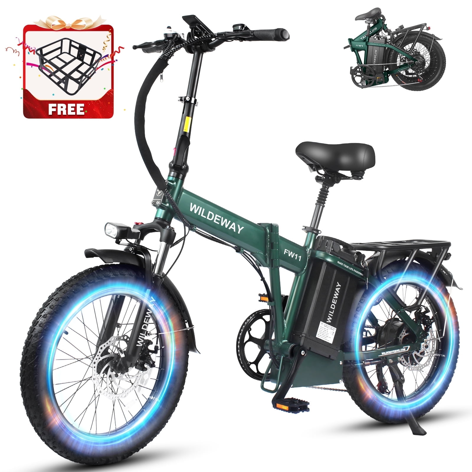 Wildeway Folding Electric Bicycle for Adults ,750w Motor，48v 32ah Removable Battery , 7 Speeds, 20×3.0 Fat Tire Snow Mountain Bike Beach Off-road Ebike with UL2849