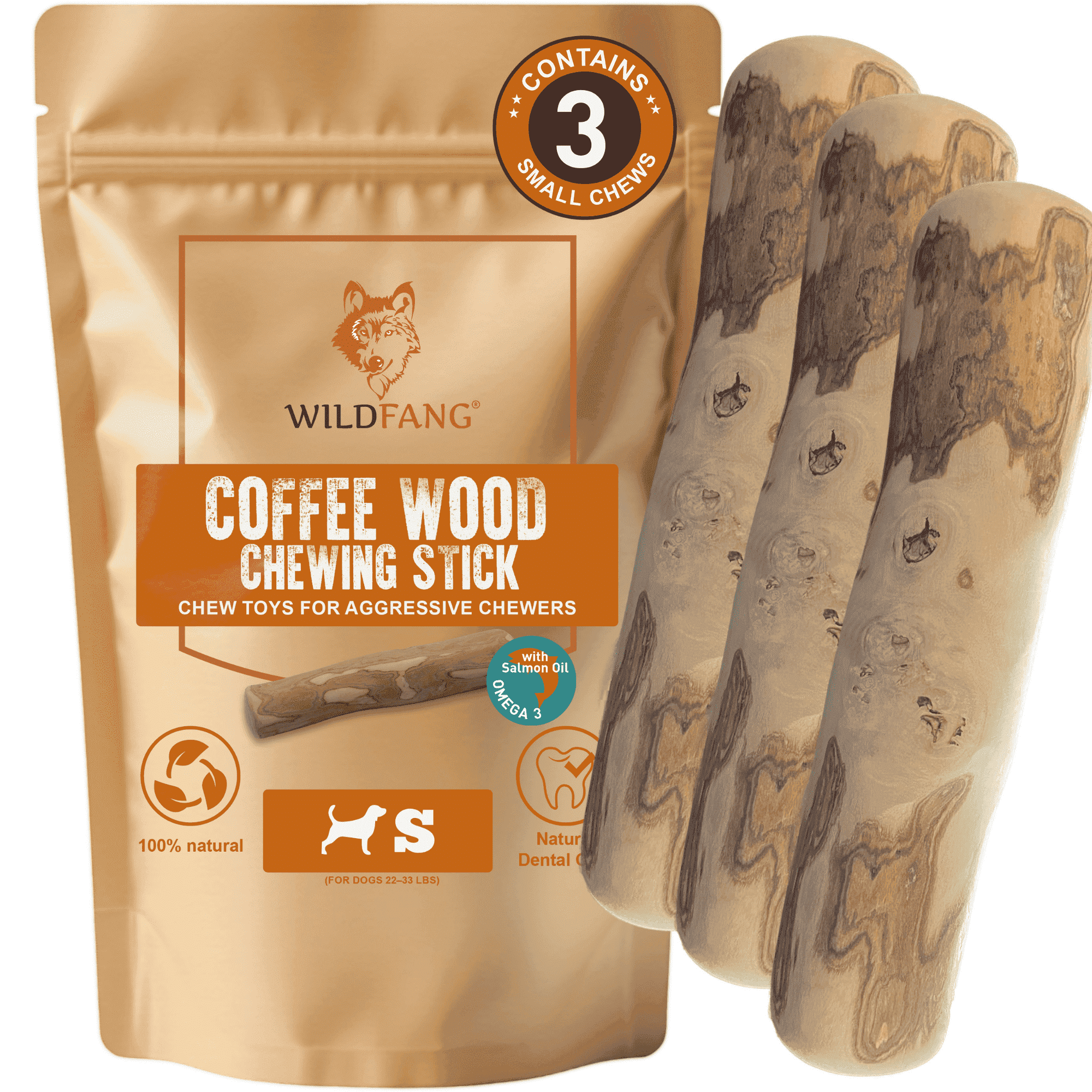 Wildfang® 3 Coffee Wood with Salmon Oil (Size S) Dog Chew Stick – Natural Salmon Oil Infused Wooden Chewing Stick for Dogs
