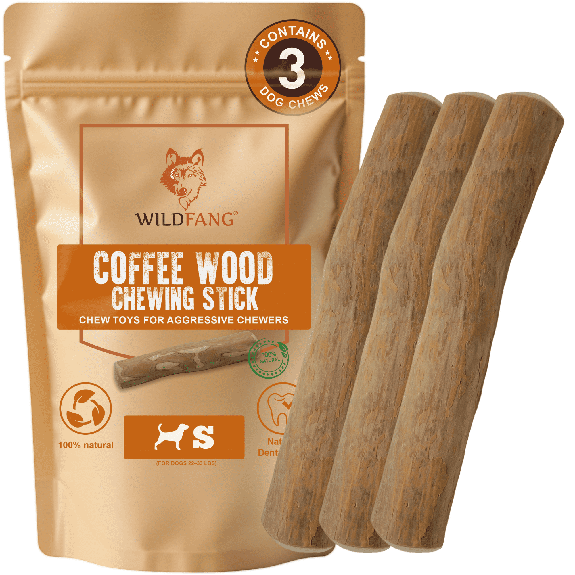 Wildfang® 3 Coffee Wood Dog Chew Stick (Size S) - Natural Dog Chew Toy for Aggressive Chewers