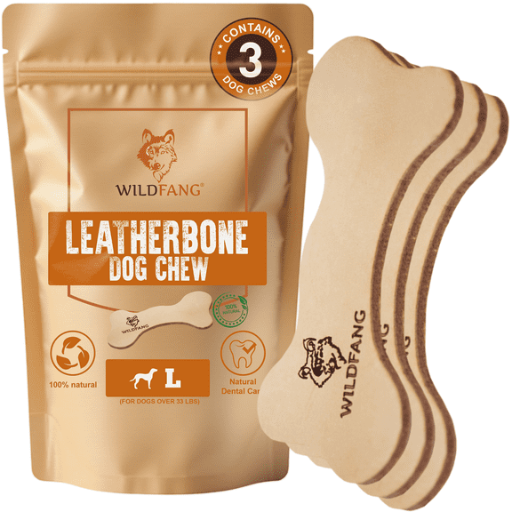 Wildfang® 3 Leather Dog Chew Bones (Size L) – Durable Natural Beef Leather Dog Toy – Rawhide-Free Chew for Dental Care & Stress Relief – Made in EU