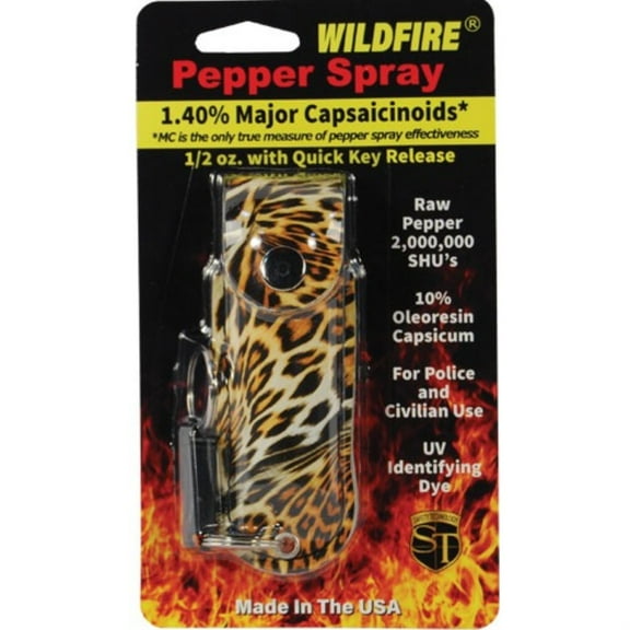 Wildfire 1.4% MC 1/2 oz pepper spray fashion leatherette holster and quick release keychain leopard black/orange