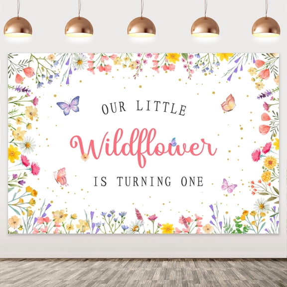 Wildflower 1 Year Old Birthday Backdrop, Floral Wildflower Theme Party Decoration Banner, Baby First Birthday Photo Background Cloth with Four Corner Grommets and White Ribbon, 4.9 x 3.3 ft