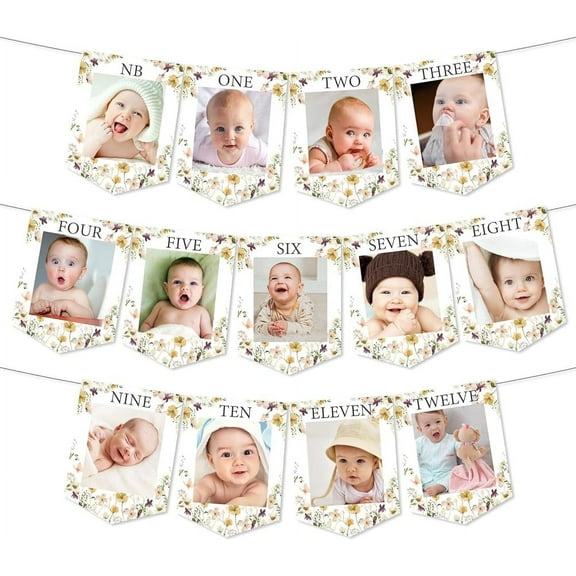 Wildflower 1st Birthday Decoration Girl, Wildflower Birthday Decoration Photo Banner Floral Flower Theme Photo Banner from Newborn to 12 Months for Girl 1st Birthday Party Decoration