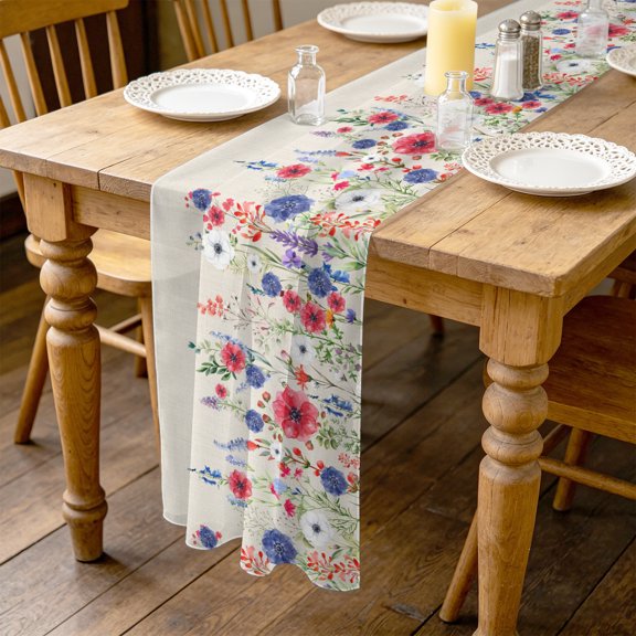 Wildflower 4.5ft Cheesecloth Table Runner for Wedding 19"x55", Rustic Country Red Blue Floral Leaf Grass Linen Texture Kitchen Dinner Sheer Tulle Chiffon Dresser Scarf, Holiday Party Decorations