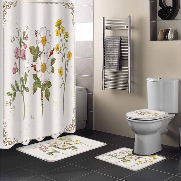 Wildflower 4PCS Shower Curtains Set with Toilet Lid Cover Non-Slip Rugs, Country Vintage White Yellow Pink Flowers Leaf Waterproof Shower Curtain Set for Bathroom with 12 Hooks 72x72 In